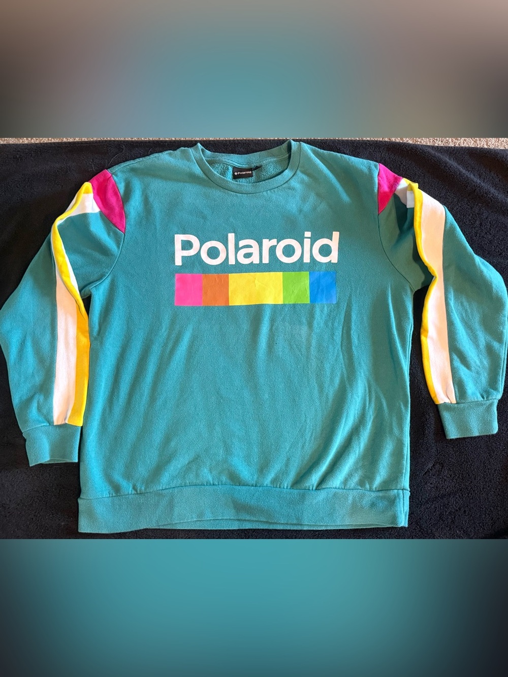 Polaroid Teal Sweatshirt with Pink, Orange, Yellow, Green, Blue Stripe